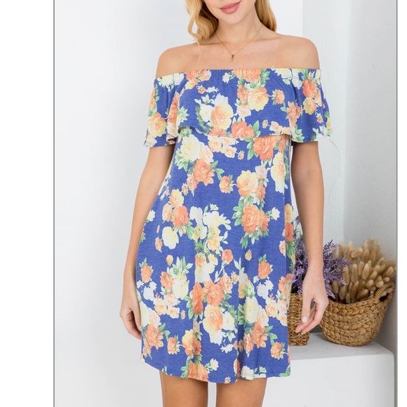 So cute! Tropical blue FLORAL PRINT OFF SHOULDER RUFFLE w/POCKET mini DRESS, NWT - Picture 3 of 15